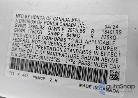 2024 Honda Civic Sport z USA, uszkodzony, nr VIN 2HGFE2F56RH575529